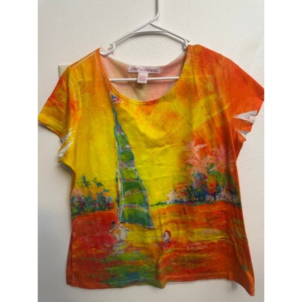 Leoma Lovegrove Womens Large Orange Yellow Sailboat Art Print Short Sleeve Top